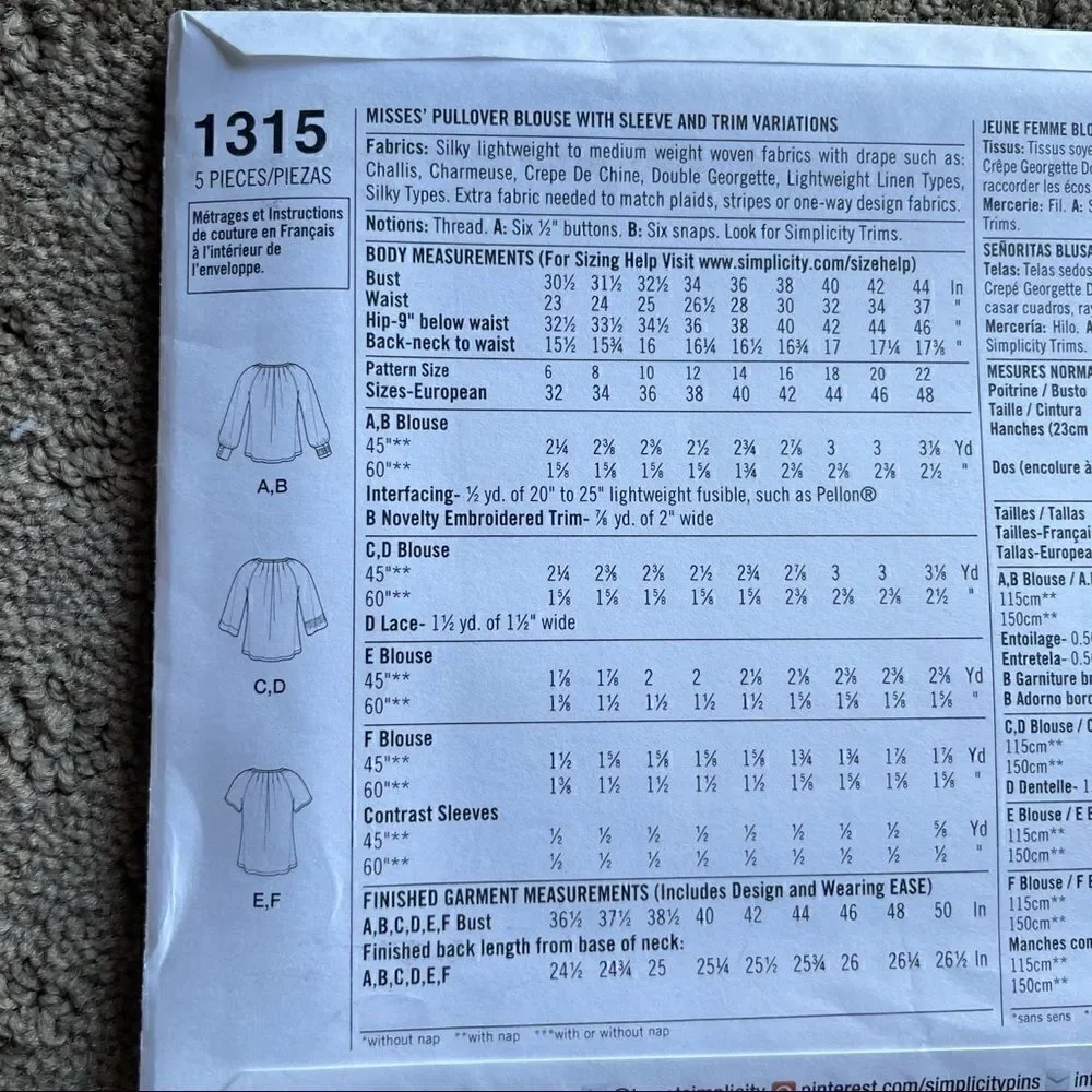 Simplicity Pattern 1315 Misses Pullover Blouse Size 6-14
